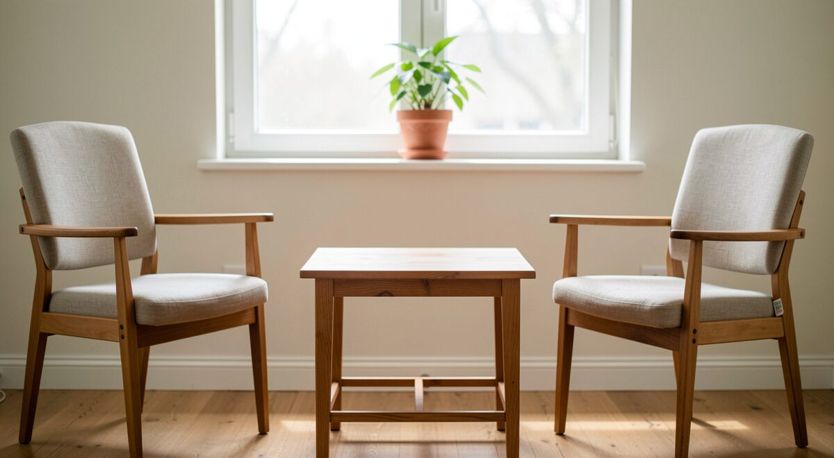Twee stoelen in een lichte kamer aan weerszijden van een laag tafeltje, een plant op de vensterbank.
