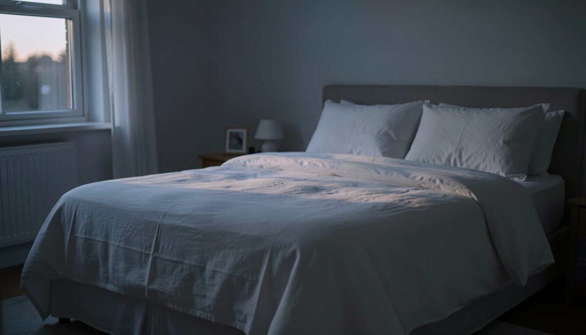 Een slaapkamer in schemerlicht, opgemaakt bed, geen telefoon zichtbaar, koele avondsfeer.