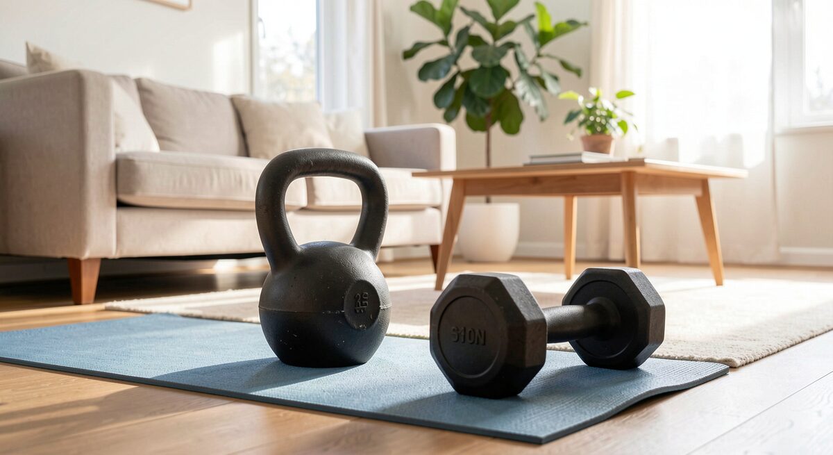 Een kettlebell en een halter op een mat in een lichte woonkamer, ruimte om te bewegen.