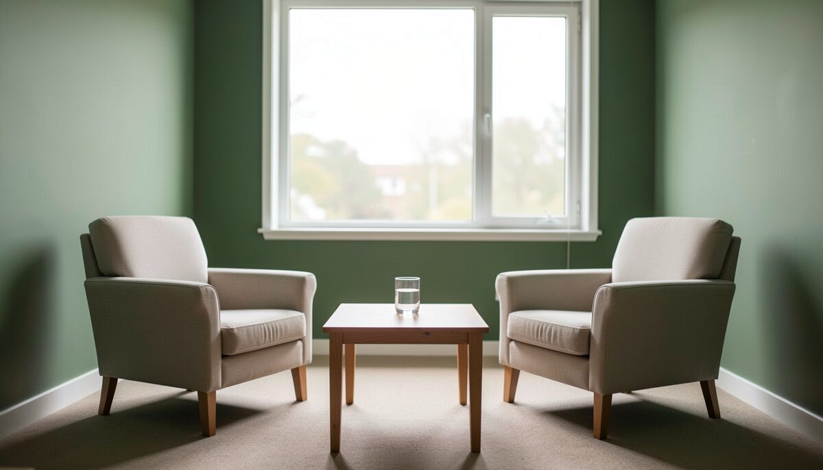 Een rustige praktijkruimte met twee stoelen tegenover elkaar, zacht daglicht door een raam, een glas water op een tafeltje.
